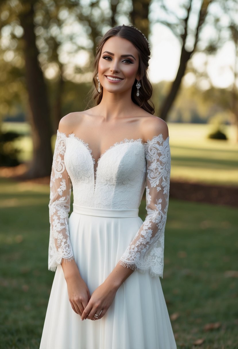 A bride stands in an off-the-shoulder wedding dress, with elegant lace sleeves cascading down her arms