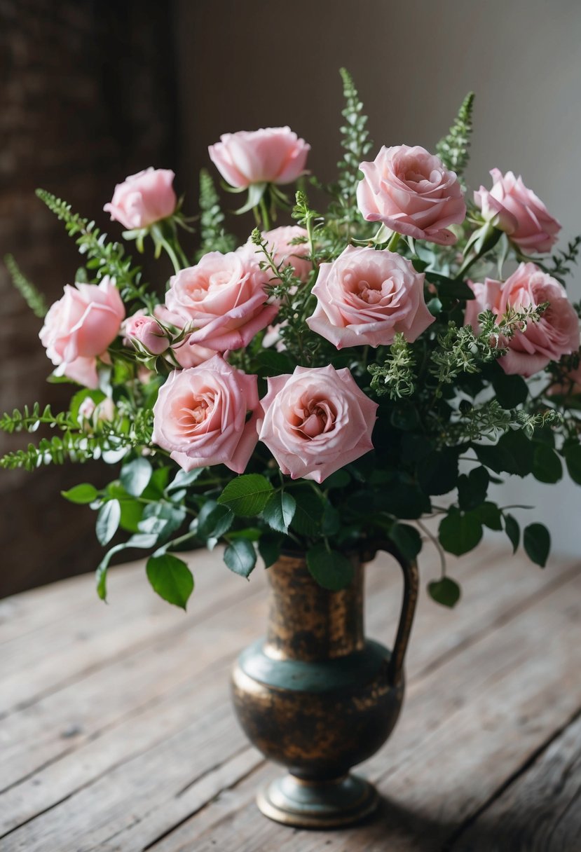 A lush bouquet of pink garden roses, accented with delicate greenery, sits in a vintage vase on a rustic wooden table