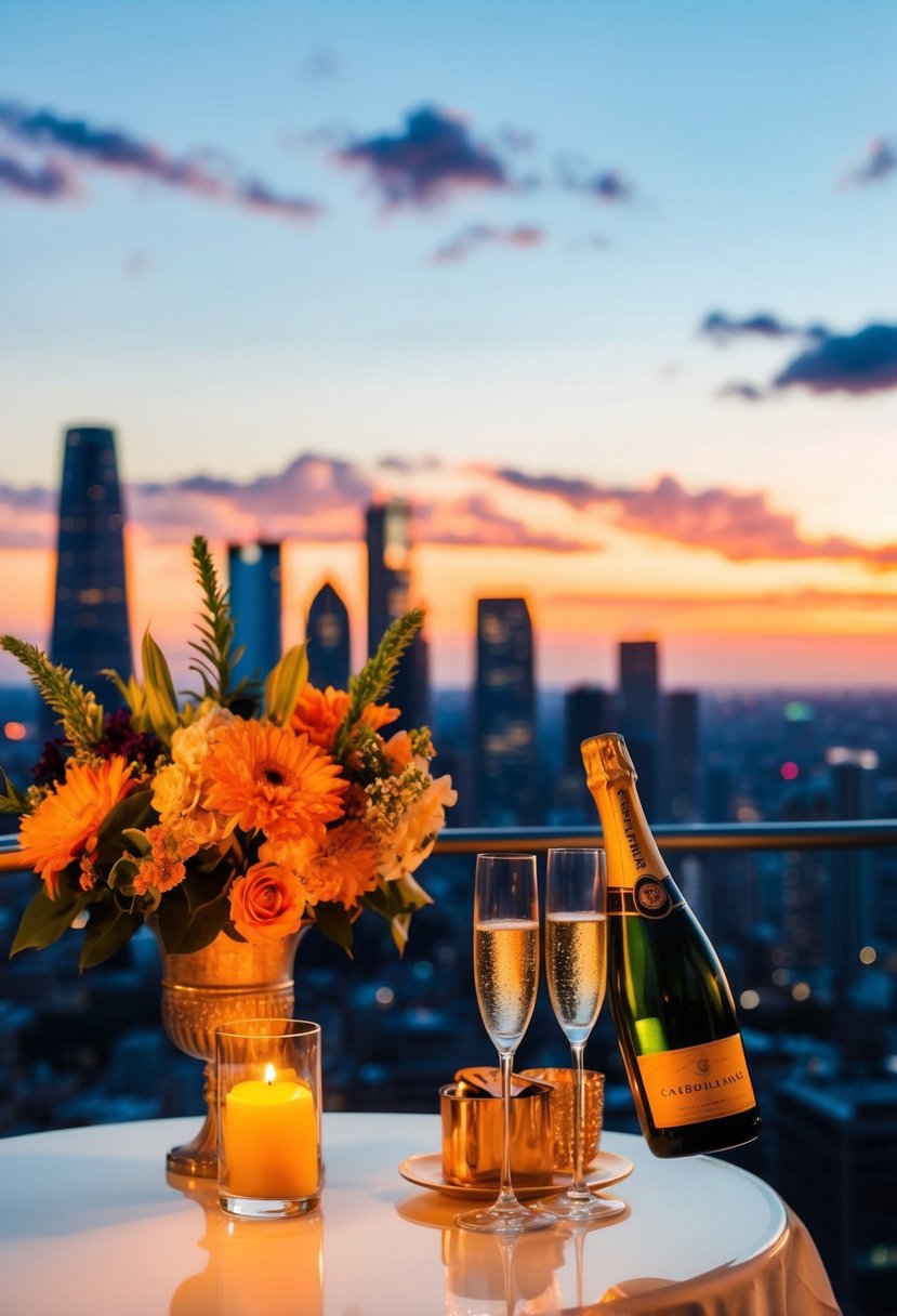 A candlelit table with flowers and champagne overlooks a city skyline at sunset