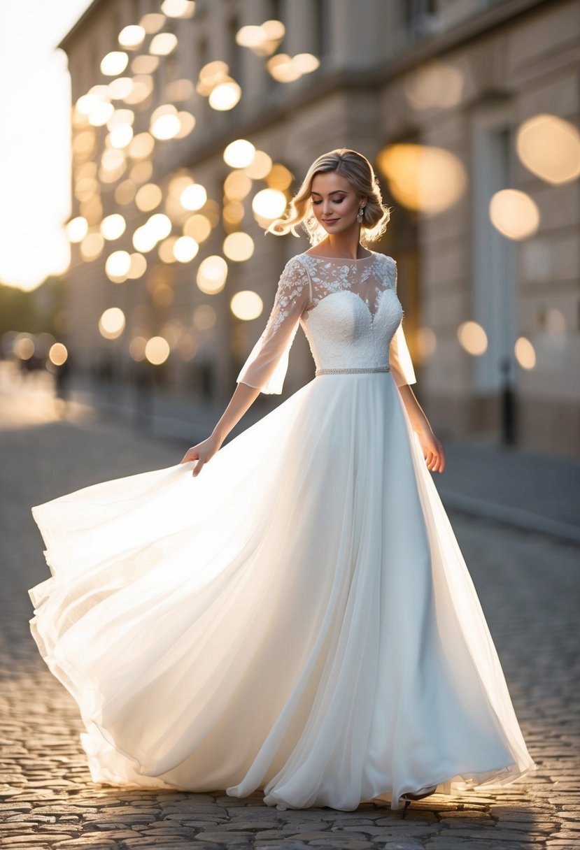 A bride twirls in a flowing 1/2 sleeve wedding dress, with illusion sleeves catching the light, creating a glamorous and ethereal look