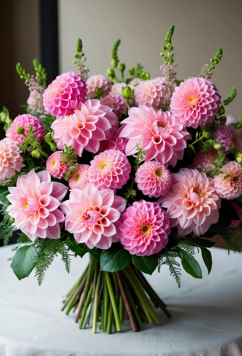 A lush bouquet of pink dahlias, accented with delicate greenery, held in a graceful arrangement