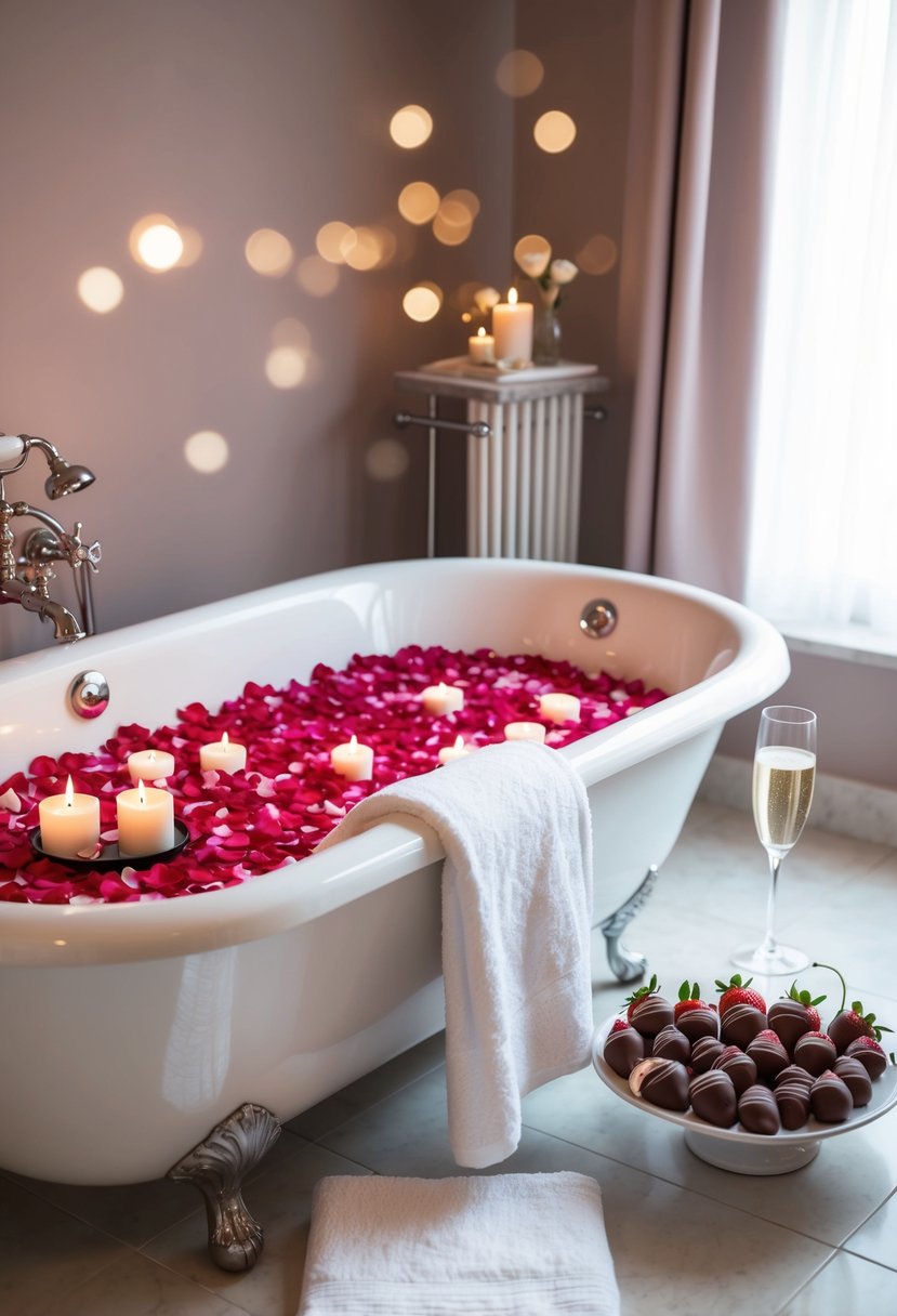 A serene bathroom with a bathtub filled with rose petals, scented candles, and fluffy towels. A tray with champagne and chocolate-covered strawberries sits nearby