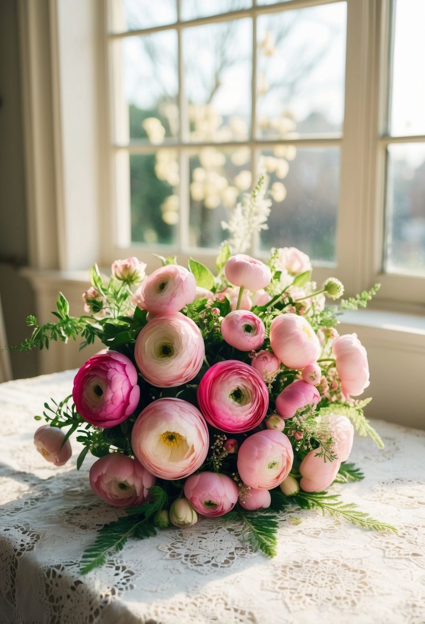 A lush bouquet of pink ranunculus, accented with delicate greenery, sits on a vintage lace tablecloth. Sunshine filters through a nearby window, casting a warm glow on the romantic arrangement