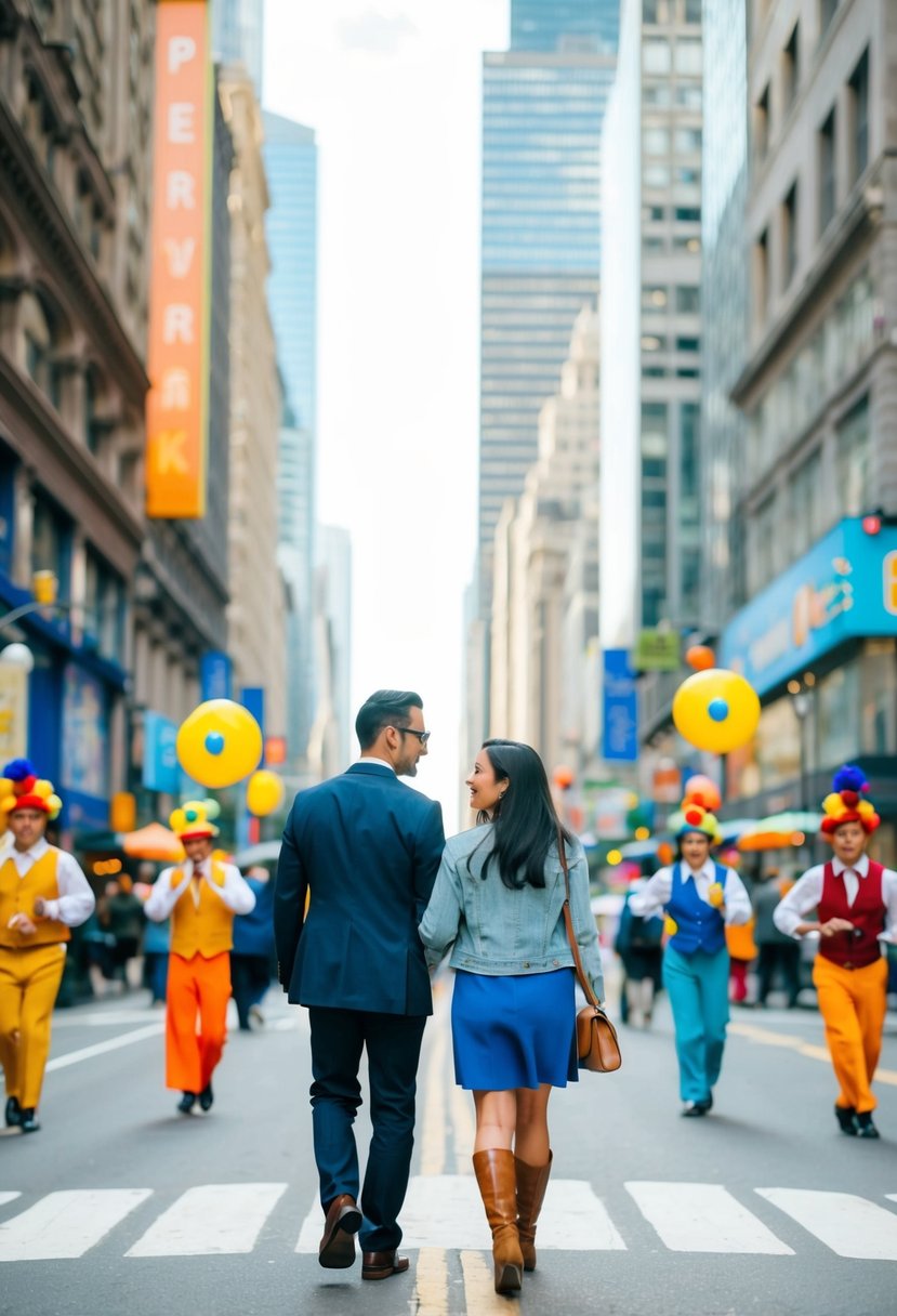 A couple strolling down a bustling city street, surrounded by towering skyscrapers, colorful storefronts, and lively street performers