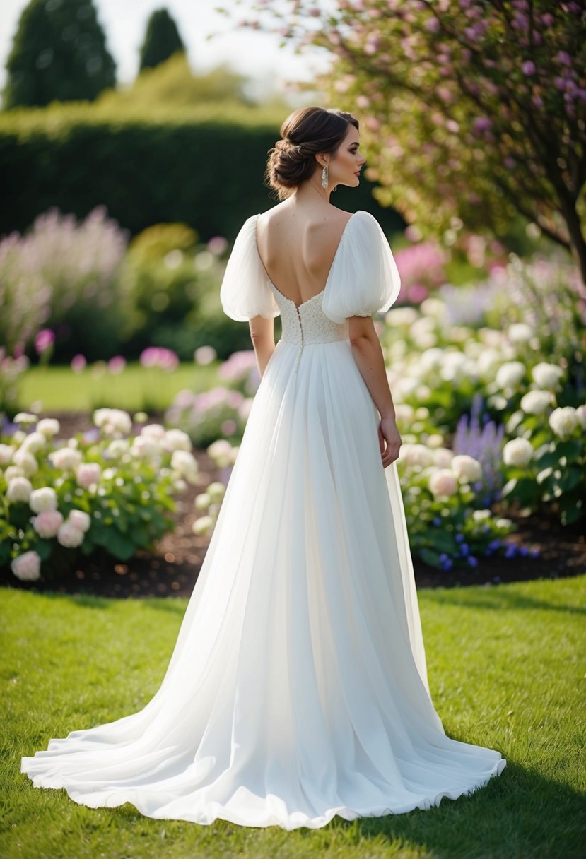 A bride stands in a flowing wedding dress with charming puff sleeves, looking out at a garden filled with blooming flowers