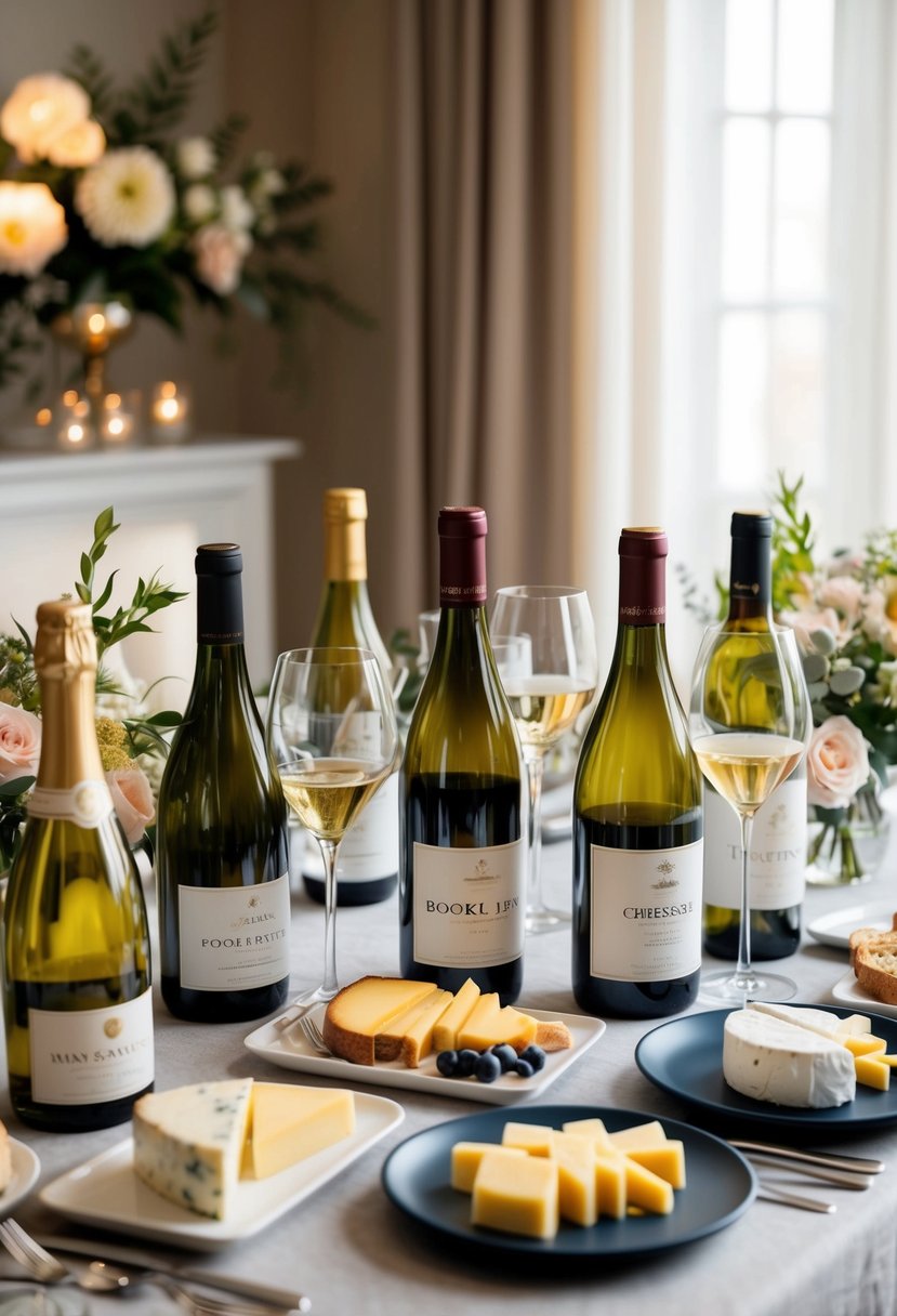 A table set with various wine bottles, glasses, and cheese platters, surrounded by a cozy and elegant atmosphere with soft lighting and floral decorations