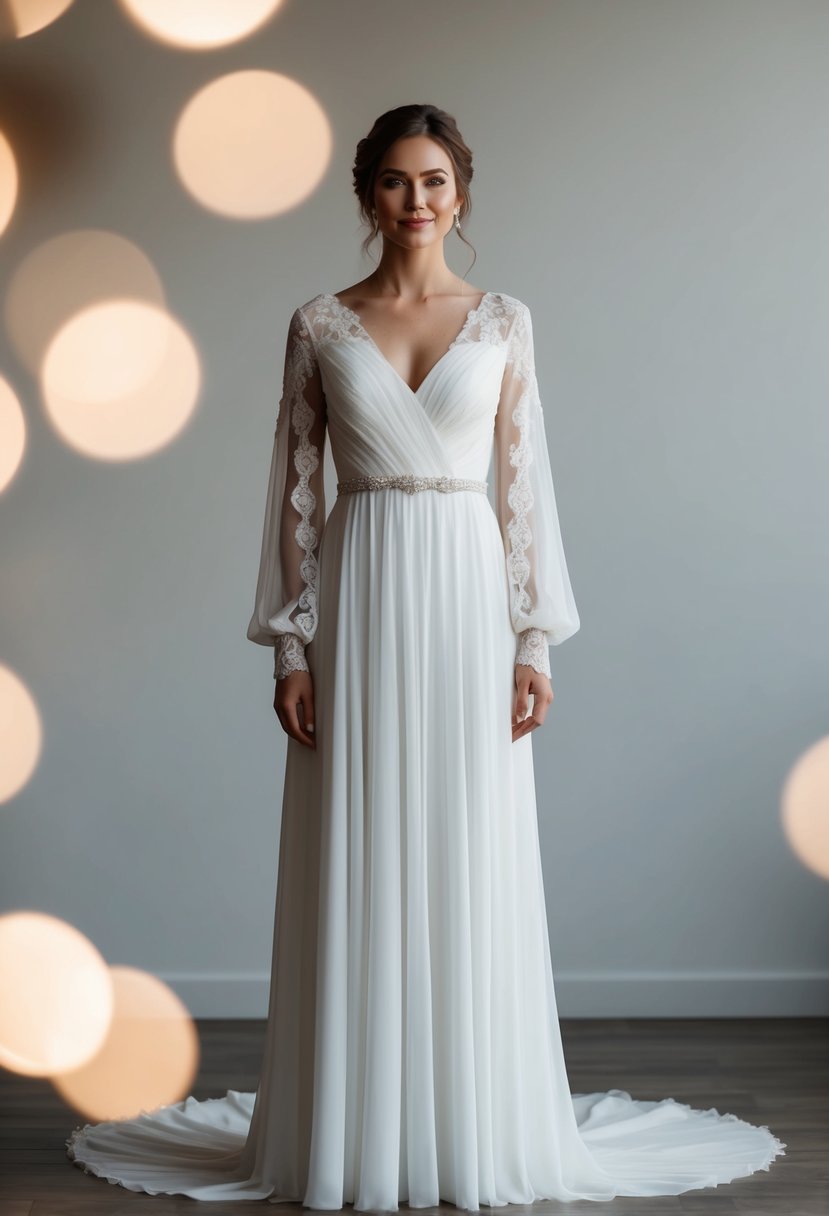 A bride stands in a flowing wedding dress with timeless bishop sleeves, surrounded by soft lighting and delicate lace details