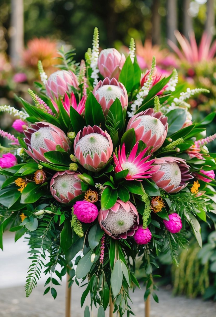 A vibrant mix of pink proteas, surrounded by lush greenery and smaller accent flowers, arranged in a cascading, exotic flair wedding bouquet