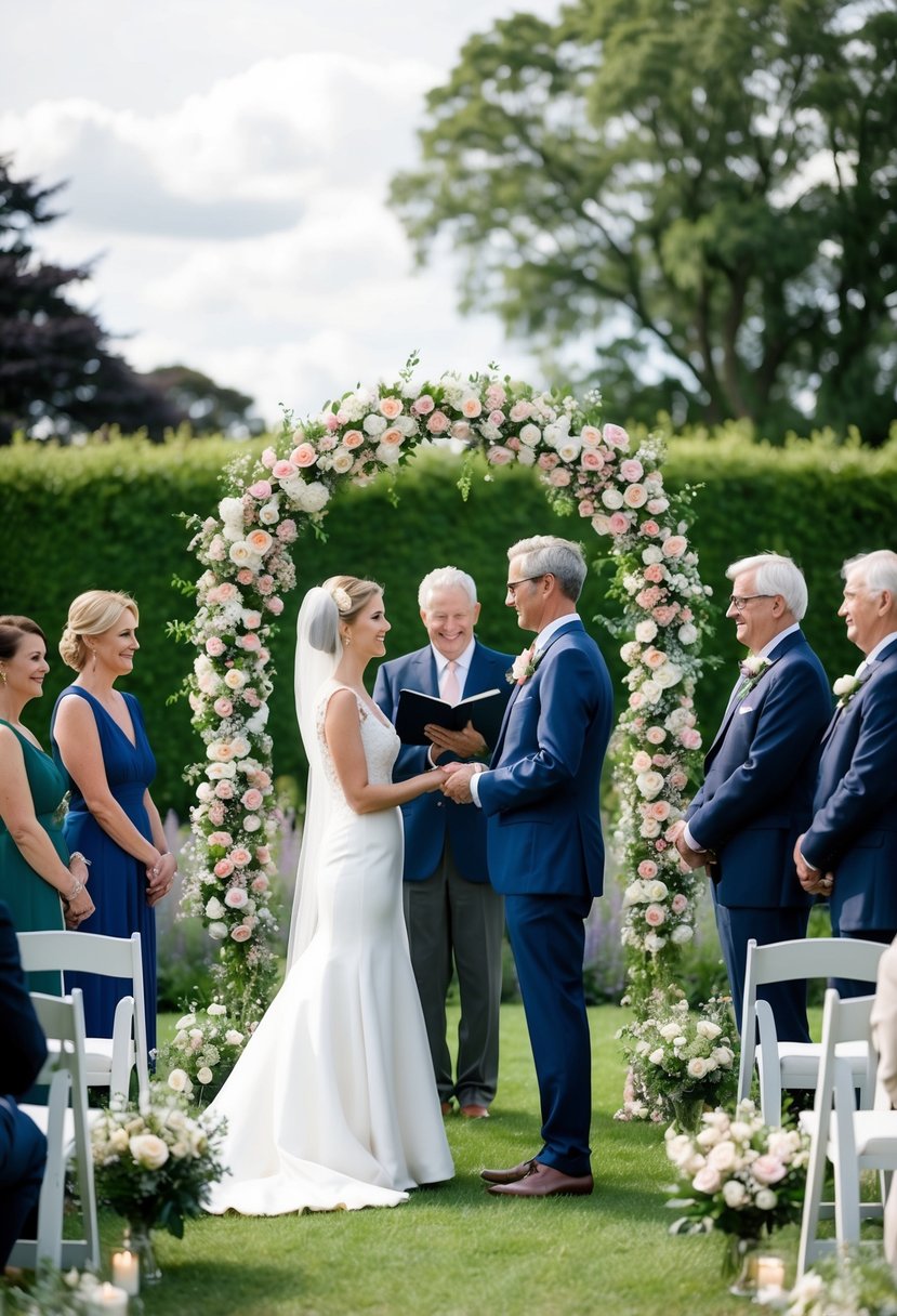 A couple stands beneath a floral arch in a garden, exchanging vows as family and friends look on, celebrating 49 years of marriage