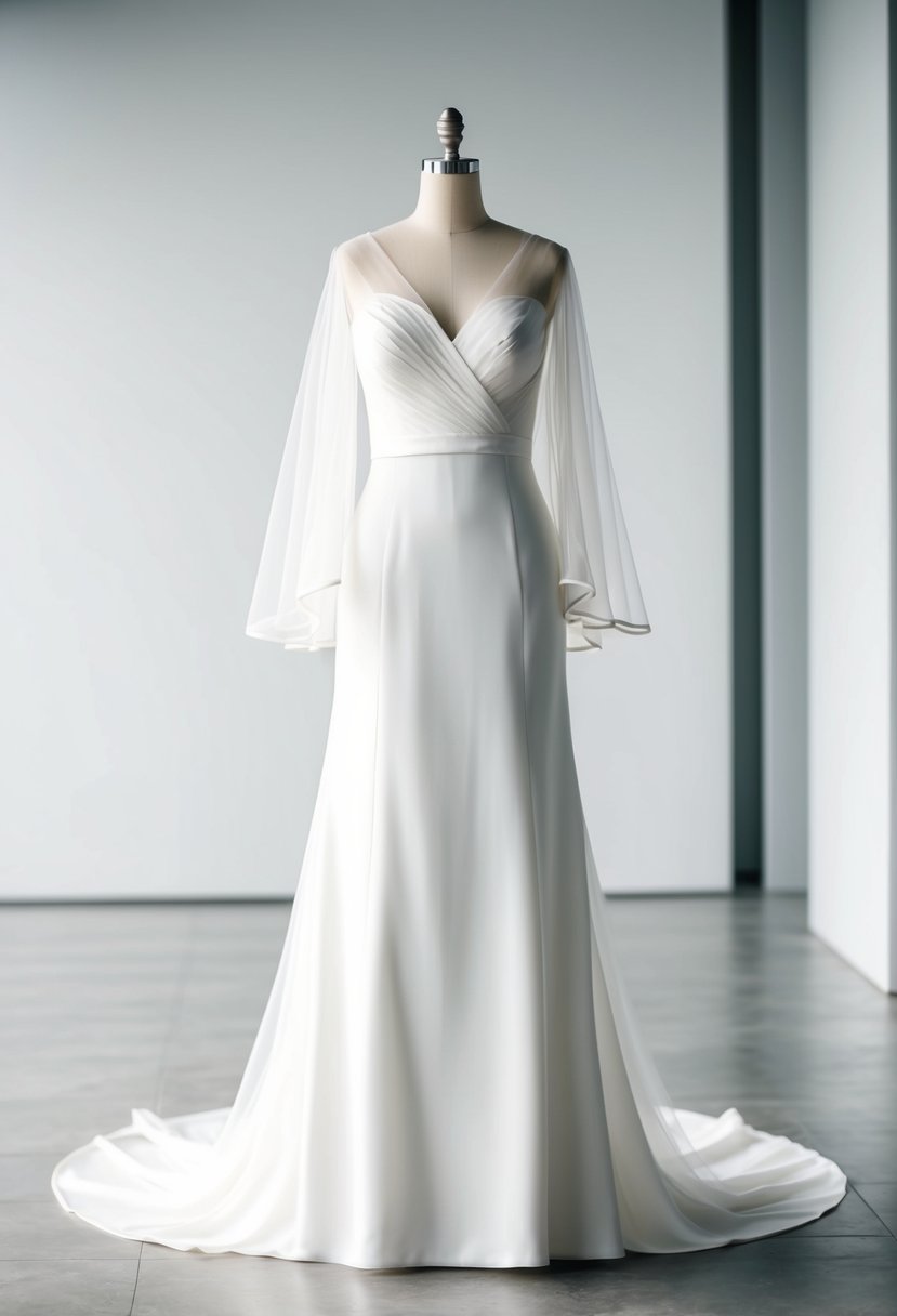 A simple, elegant wedding dress with sheer, flowing sleeves, set against a clean, modern backdrop