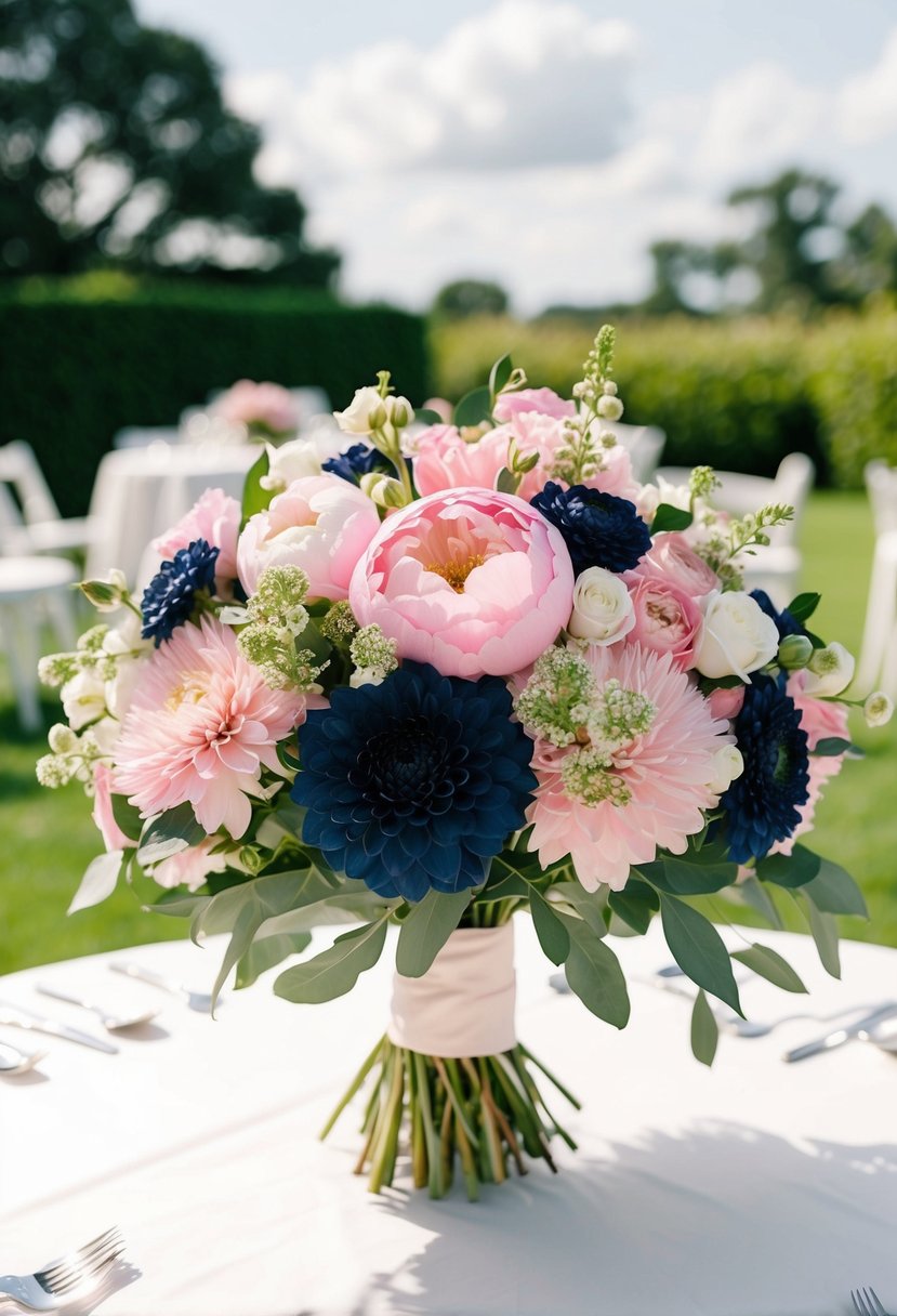 A lush bouquet of pink and navy blooms blending together in a romantic wedding setting