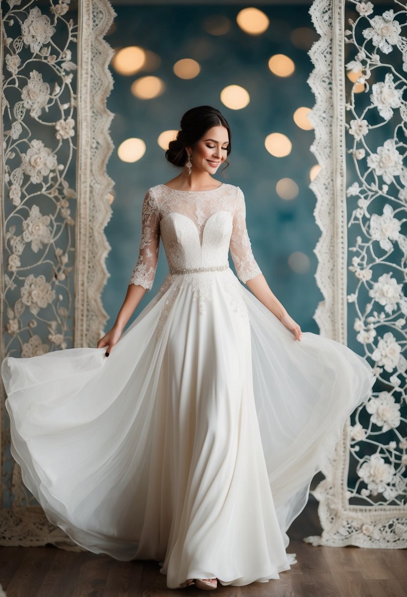 A bride twirls in a flowing 3/4 sleeve wedding dress, surrounded by delicate lace and intricate beading