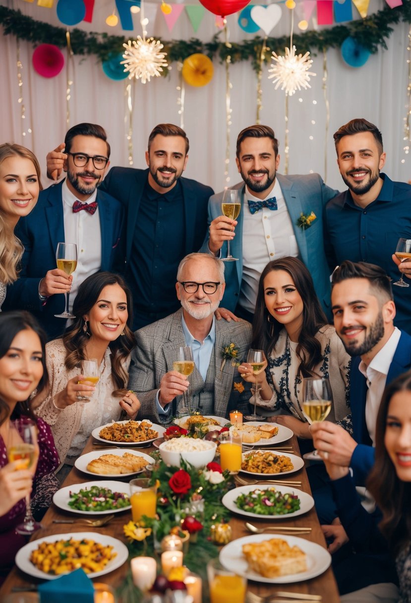 A group of friends gather in a festive setting with decorations, music, and food, celebrating a 49th wedding anniversary with a themed party