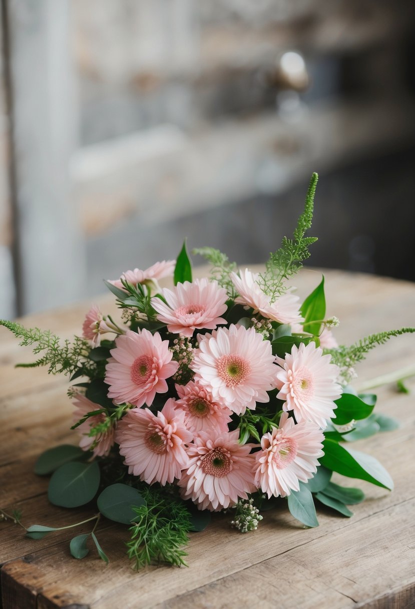 A delicate pink wedding bouquet of pastel starflowers, accented with lush greenery, sits on a rustic wooden table