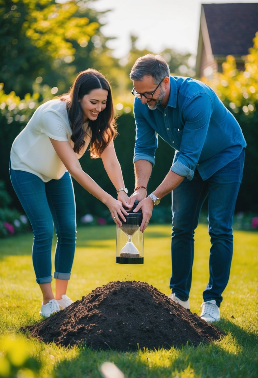 A couple burying a time capsule in their backyard garden