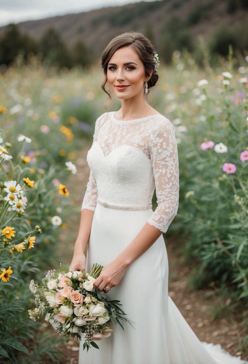 A bride in a vintage-inspired 1 2 sleeve wedding dress, surrounded by blooming wildflowers in a rustic outdoor setting