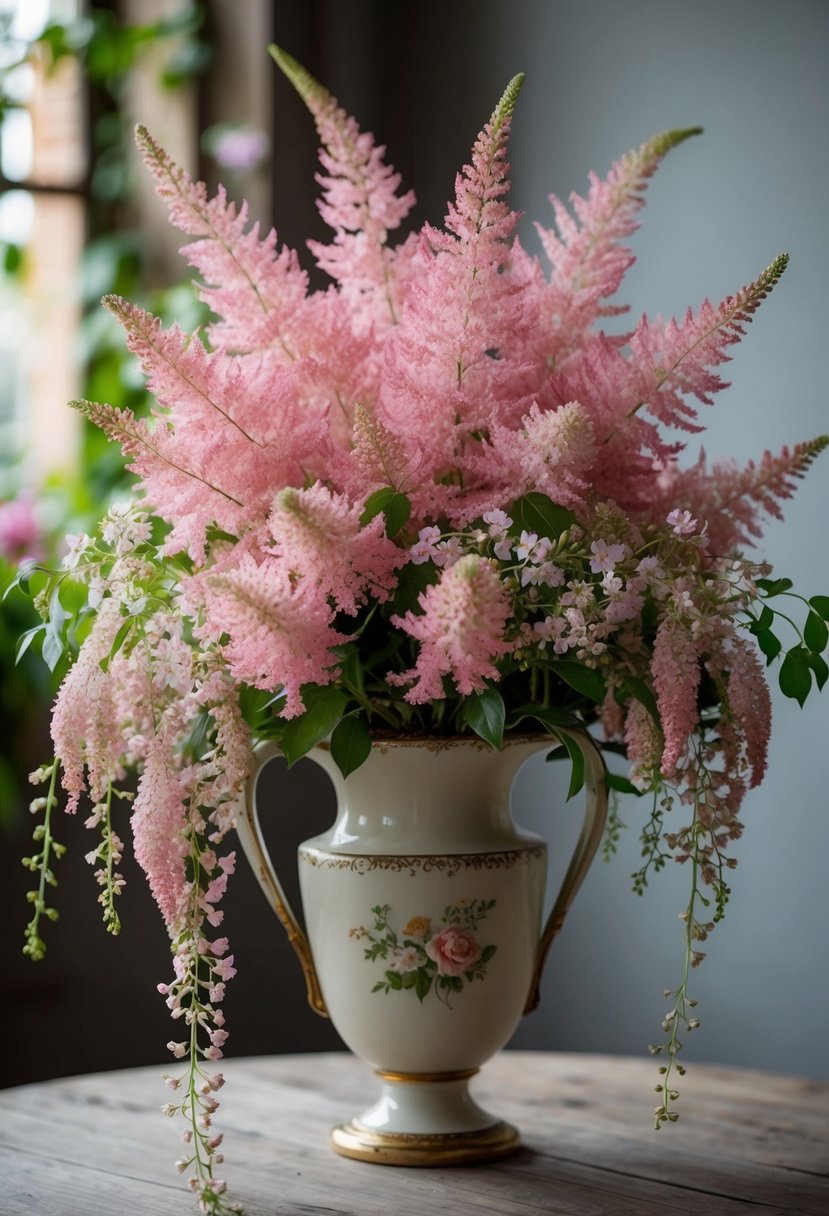 A lush bouquet of soft pink astilbe and delicate blooms cascading from a vintage vase