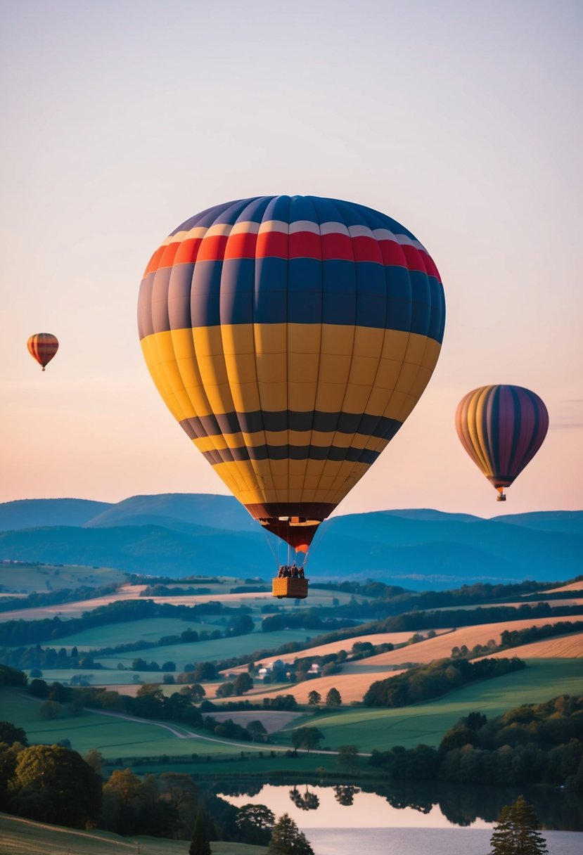 A colorful hot air balloon floats peacefully above a picturesque landscape of rolling hills and a serene lake