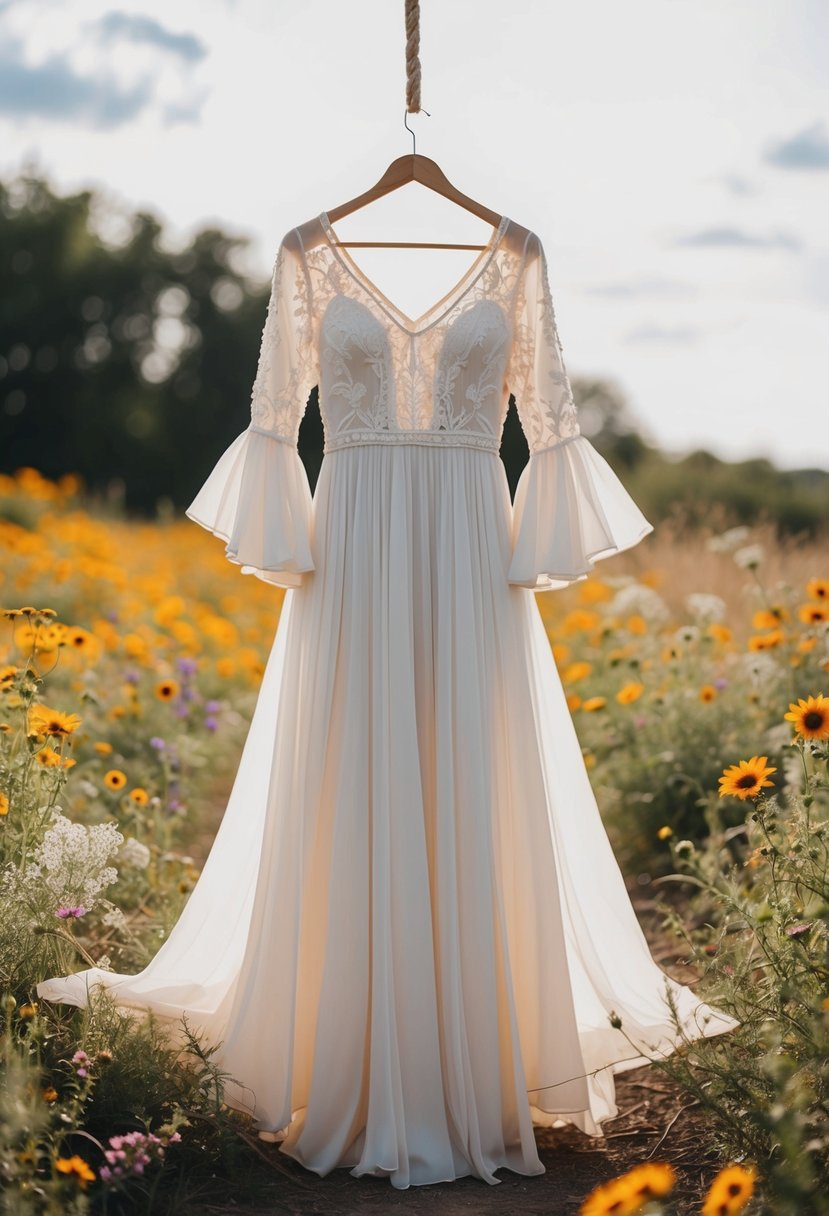 A flowing bohemian wedding dress with flounce sleeves, set against a backdrop of wildflowers and a rustic outdoor setting