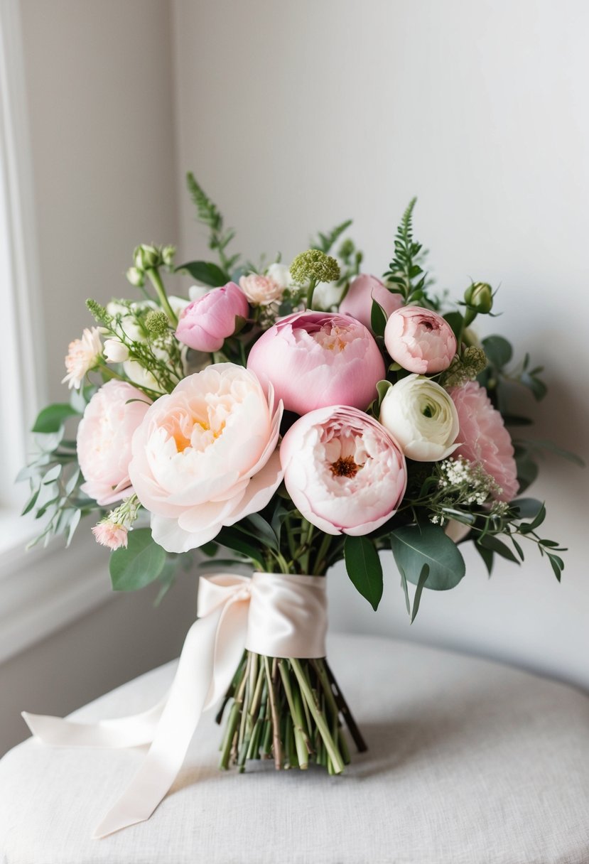 A delicate bridal pink bouquet with roses, peonies, and ranunculus, accented with greenery and tied with a satin ribbon