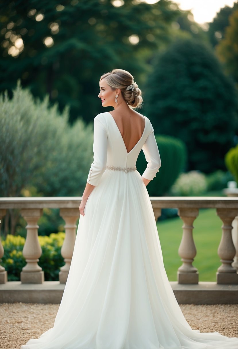 A bride stands in a flowing wedding dress with classic buttoned sleeves, looking out at a serene garden setting