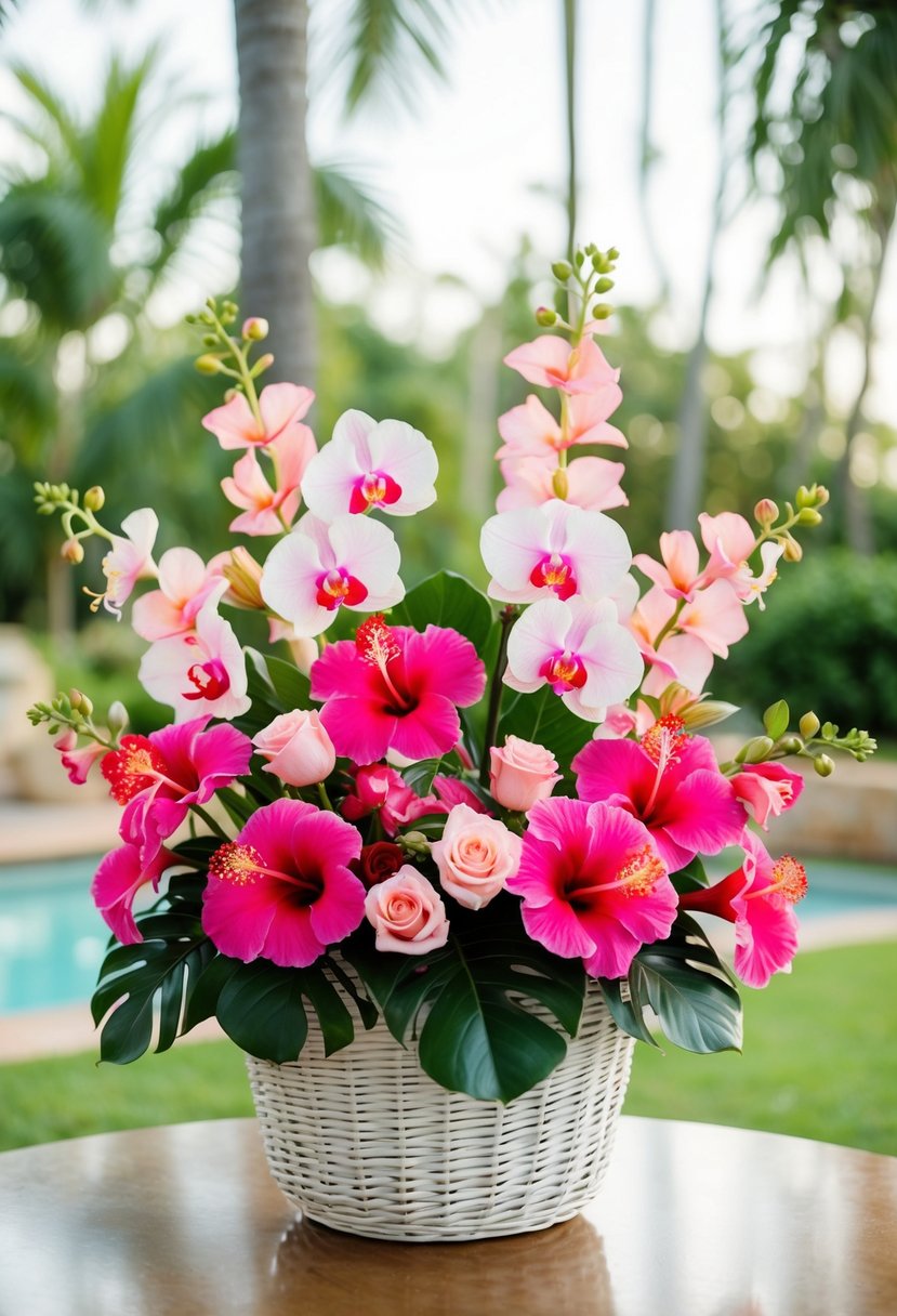 A lush tropical pink arrangement of hibiscus, orchids, and roses in a white wicker basket