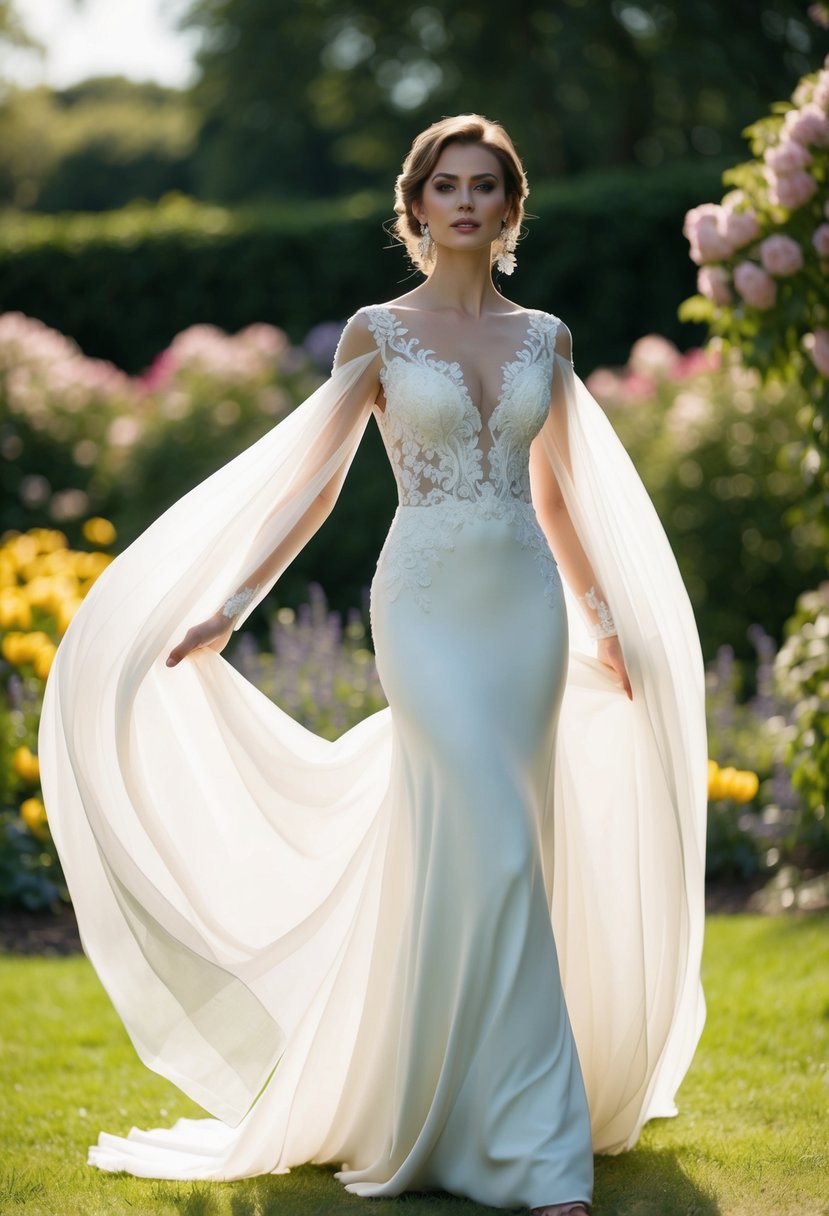 A bride in a flowing wedding dress with wide, elegant sleeves, standing in a garden with flowers in bloom