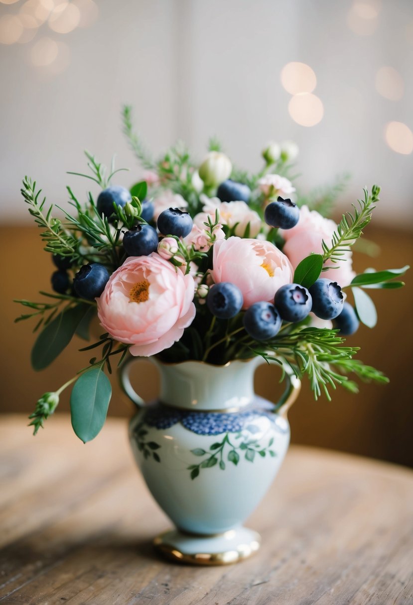 A delicate blueberry-themed wedding bouquet, featuring soft pink flowers and sprigs of greenery, arranged in a vintage-inspired vase