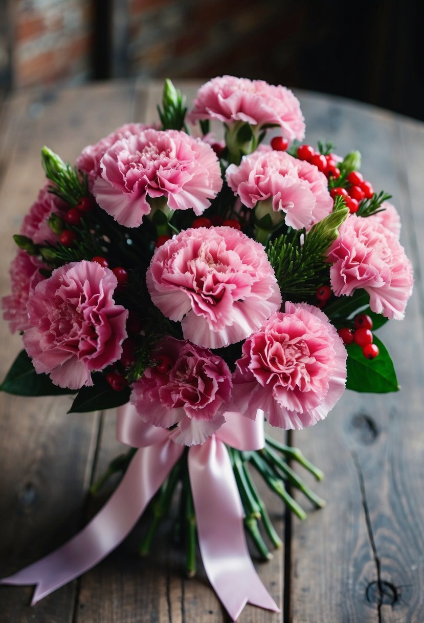 A lush bouquet of pink carnations and berries, tied with a satin ribbon, sits on a rustic wooden table