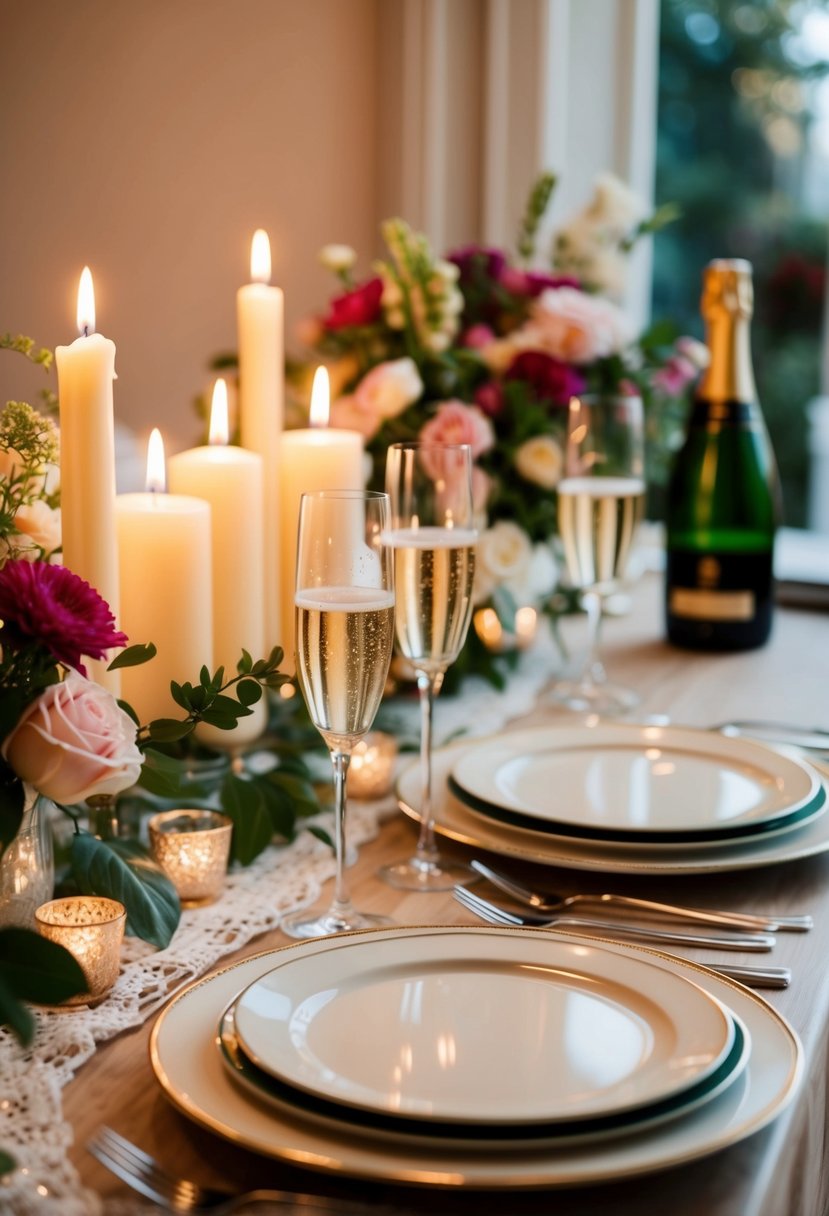 A romantic dinner setting with candles, flowers, and champagne on a beautifully decorated table