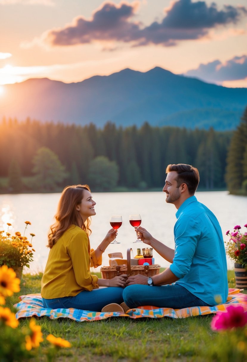 A couple enjoying a romantic picnic by a lake, surrounded by colorful flowers and a beautiful sunset