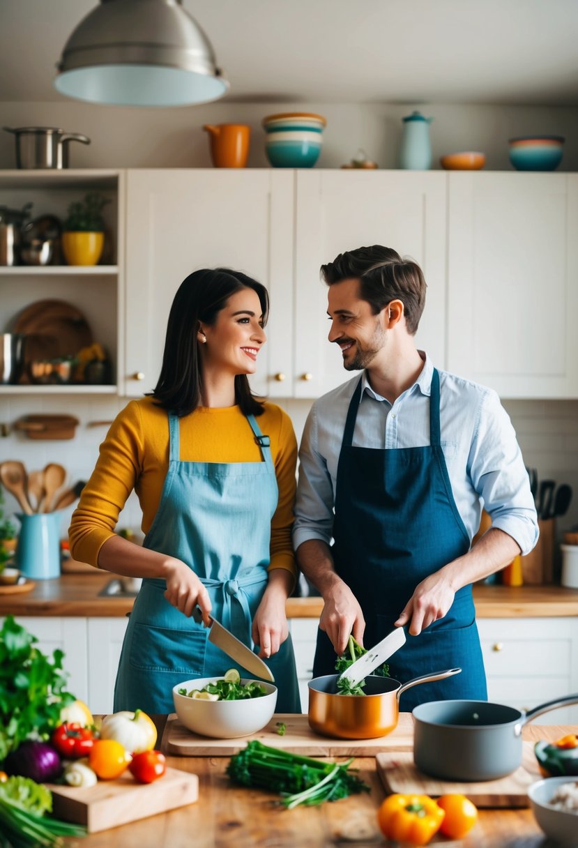 A couple stands side by side in a cozy kitchen, chopping vegetables and stirring pots together, surrounded by colorful ingredients and cooking utensils