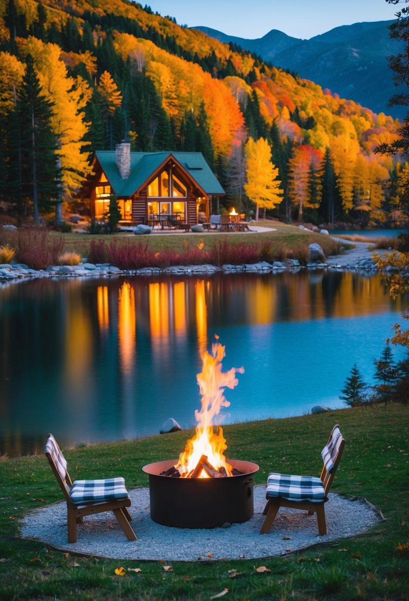 A cozy cabin nestled in the mountains, surrounded by colorful autumn foliage and a tranquil lake. A crackling fire pit and a picnic table set for two complete the romantic setting