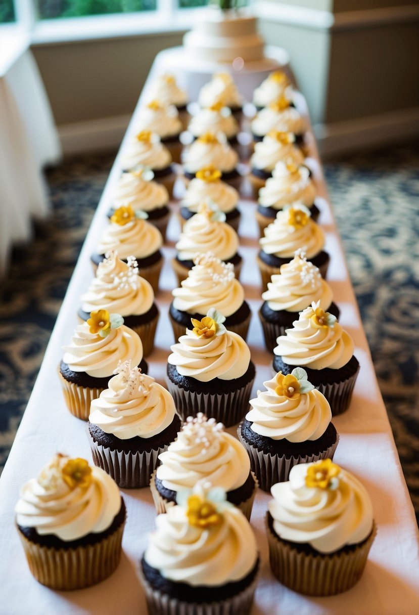 A table adorned with an array of beautifully decorated wedding cupcakes, each topped with delicate frosting and elegant decorations