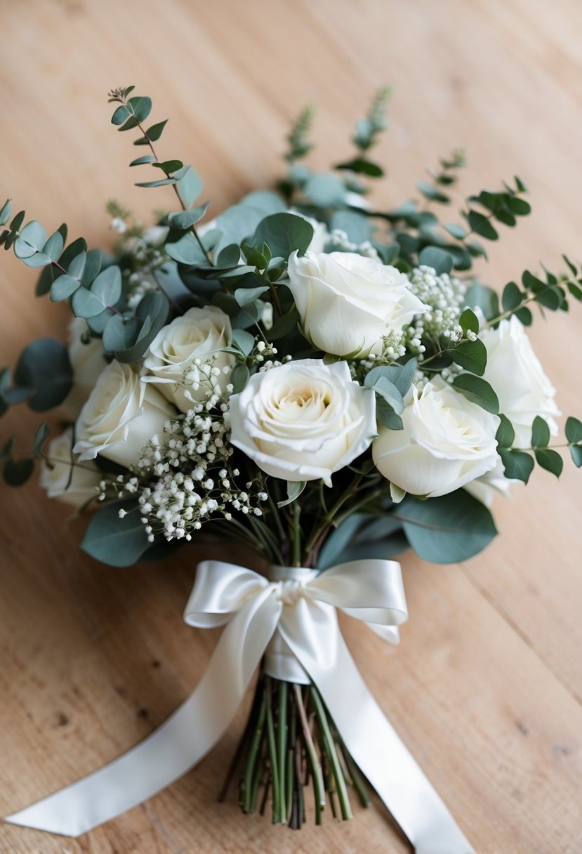 A simple, elegant bouquet of white roses, eucalyptus, and baby's breath tied with a satin ribbon