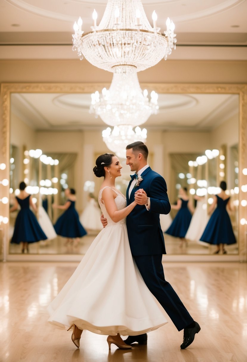 A couple gracefully waltzing in a spacious, elegant ballroom, surrounded by mirrors and soft, ambient lighting