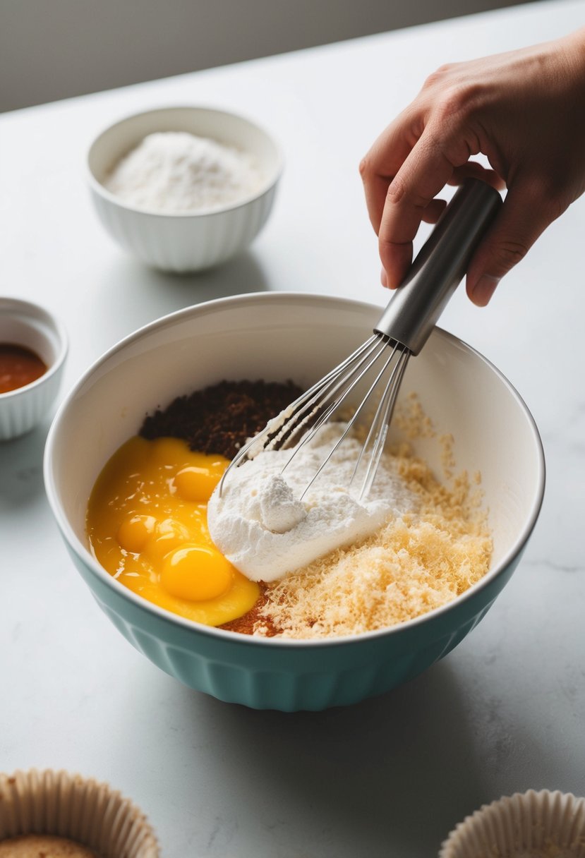 A bowl of room temperature ingredients being mixed together for wedding cupcakes