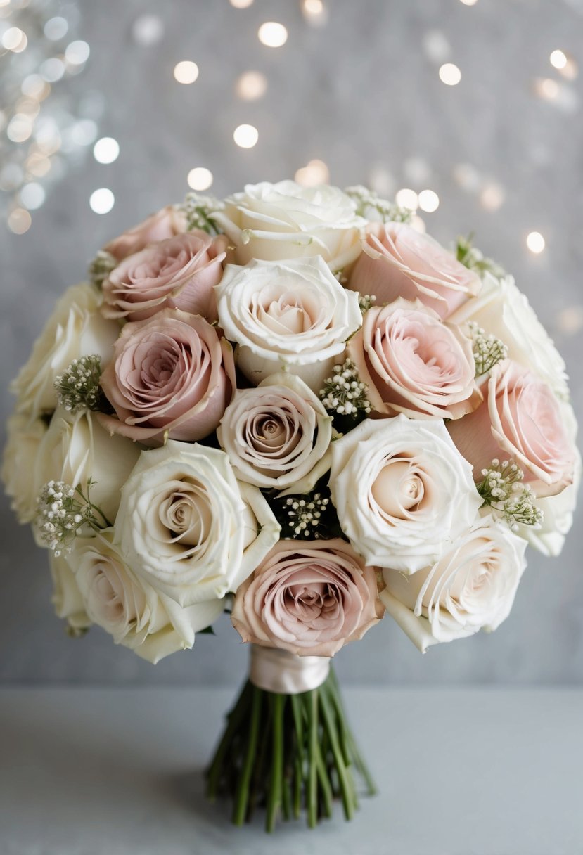 A delicate mix of blush and ivory roses arranged in a neutral wedding bouquet