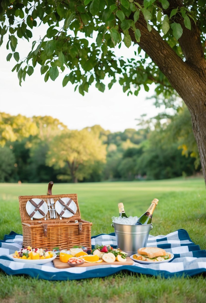 A cozy picnic blanket spread under a leafy tree, with a wicker basket, colorful food spread, and a bottle of champagne chilling in a bucket