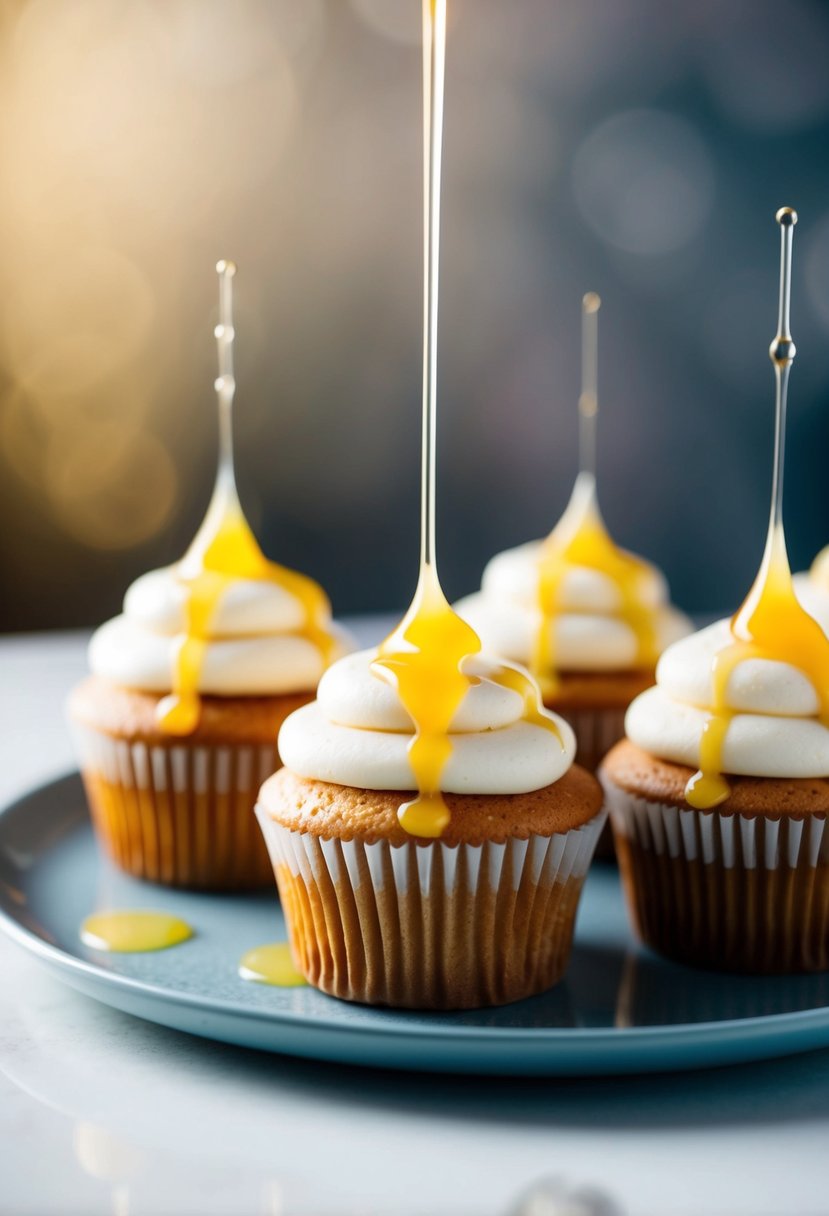 Cupcakes sitting on a plate with a light drizzle of liquid soaking into the tops