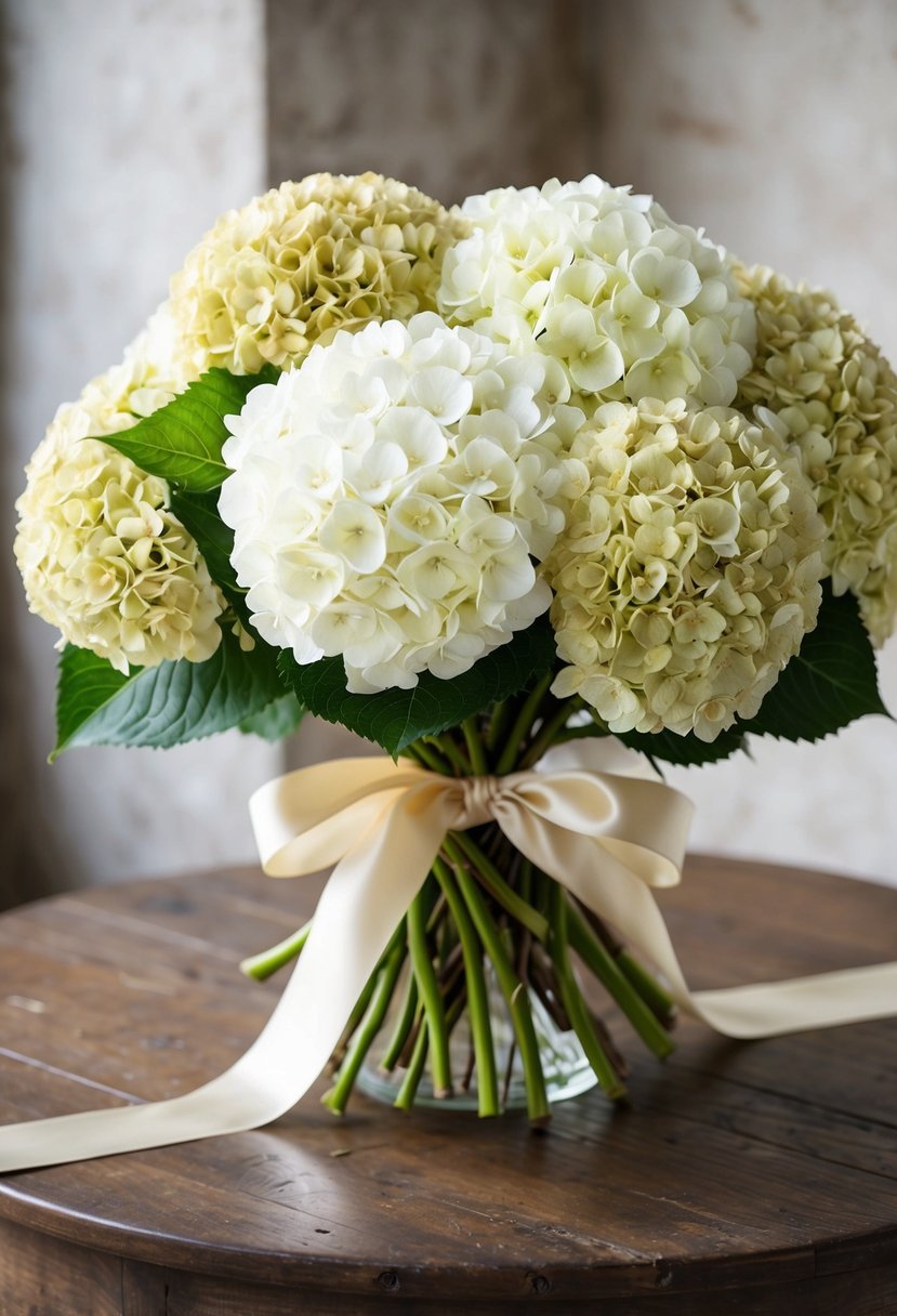 A lush bouquet of white hydrangeas with beige accents, tied with a satin ribbon, resting on a rustic wooden table