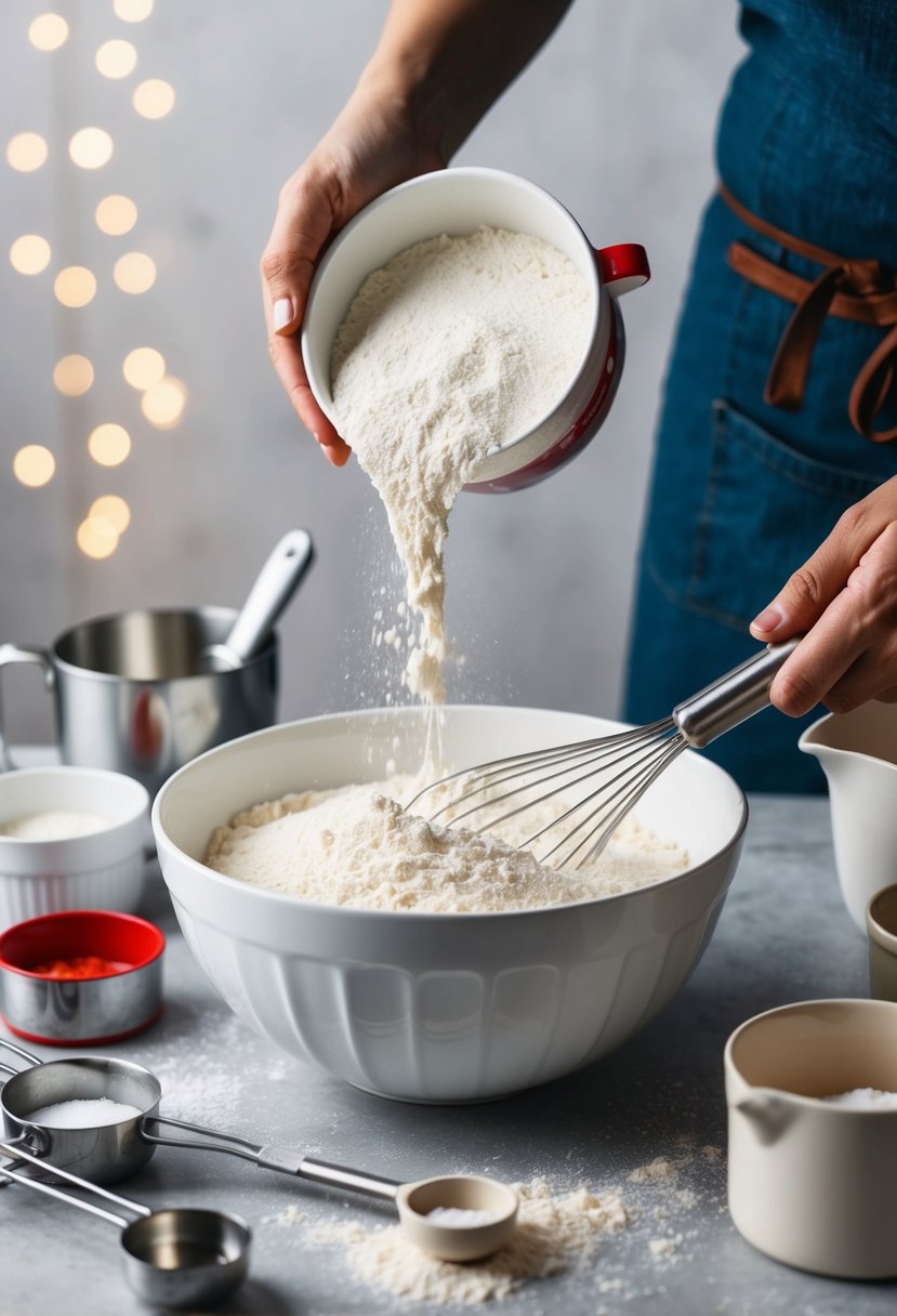 A hand pouring cake flour into a mixing bowl, surrounded by measuring cups and a whisk