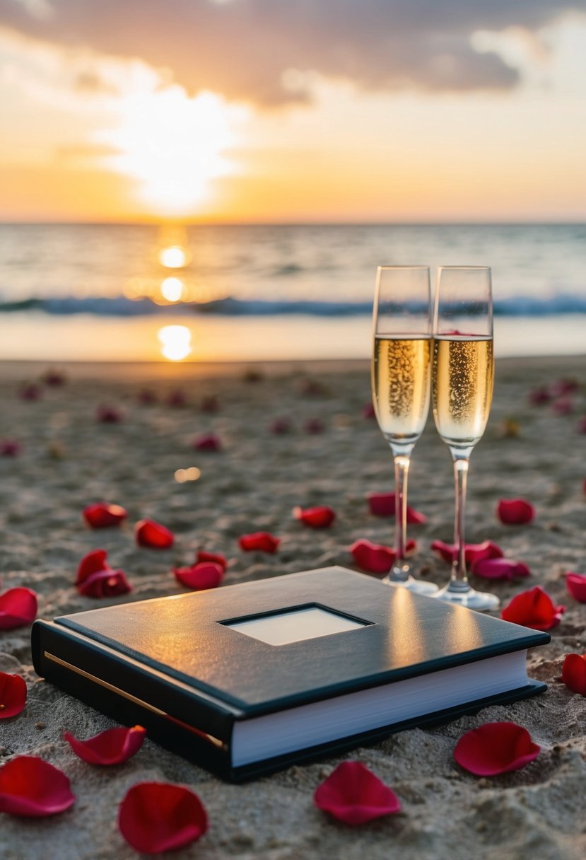 A photo album surrounded by scattered rose petals and a pair of champagne glasses, set against a backdrop of a sunset beach