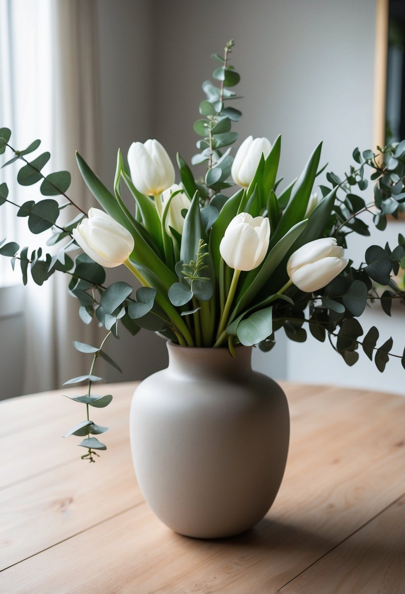 A bouquet of eucalyptus and white tulips arranged in a neutral-colored vase on a wooden table