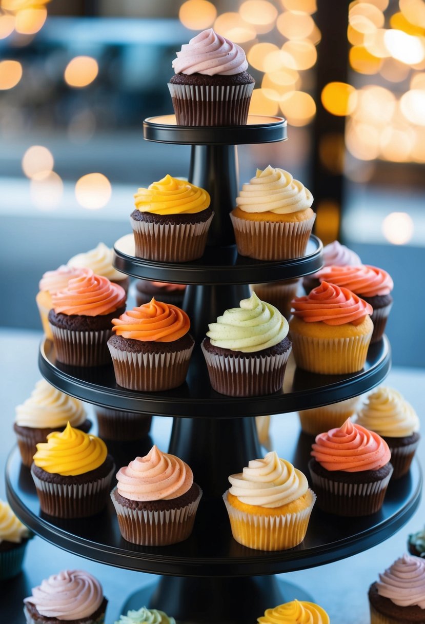 A display of assorted cupcakes in a variety of flavors arranged neatly on a tiered stand