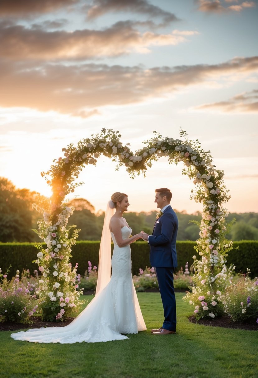 A couple stands in a garden surrounded by blooming flowers and a heart-shaped archway, exchanging vows as the sun sets on their 15th wedding anniversary