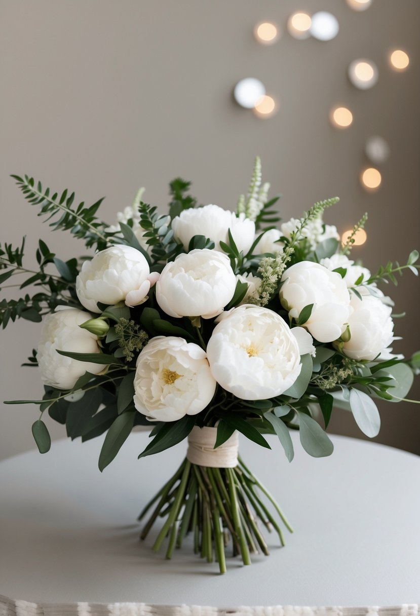 A bouquet of ivory peonies and greenery arranged in a neutral palette