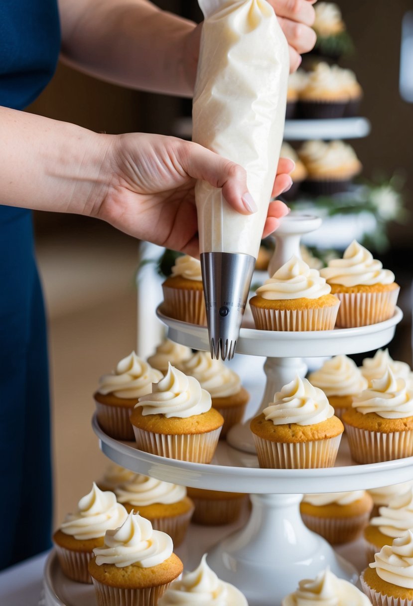 A hand holding a piping bag with Wilton 1M or 2D tip, frosting elegant wedding cupcakes on a tiered display