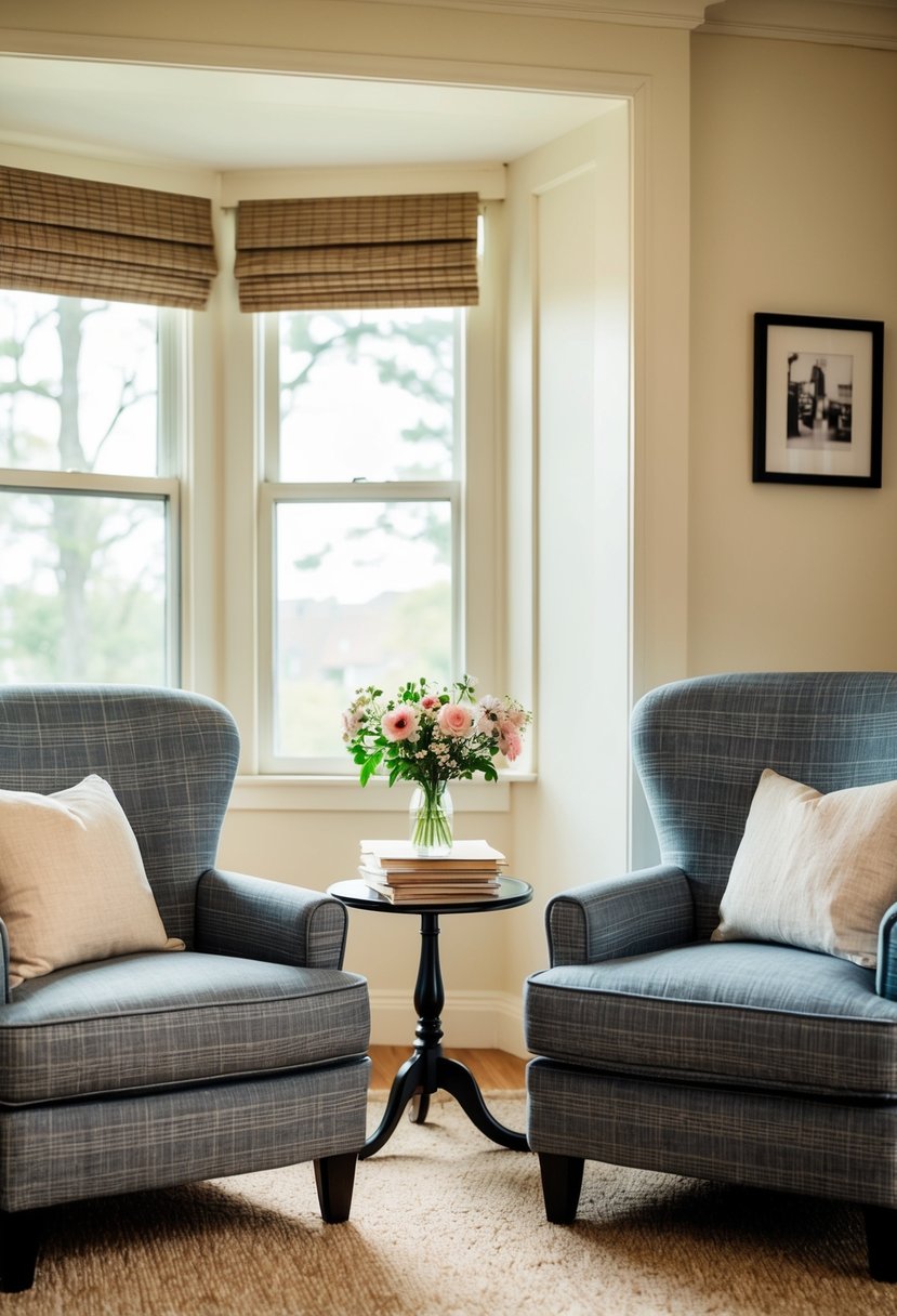 A cozy living room with two armchairs facing each other, a small table with a vase of flowers, and a stack of love letters