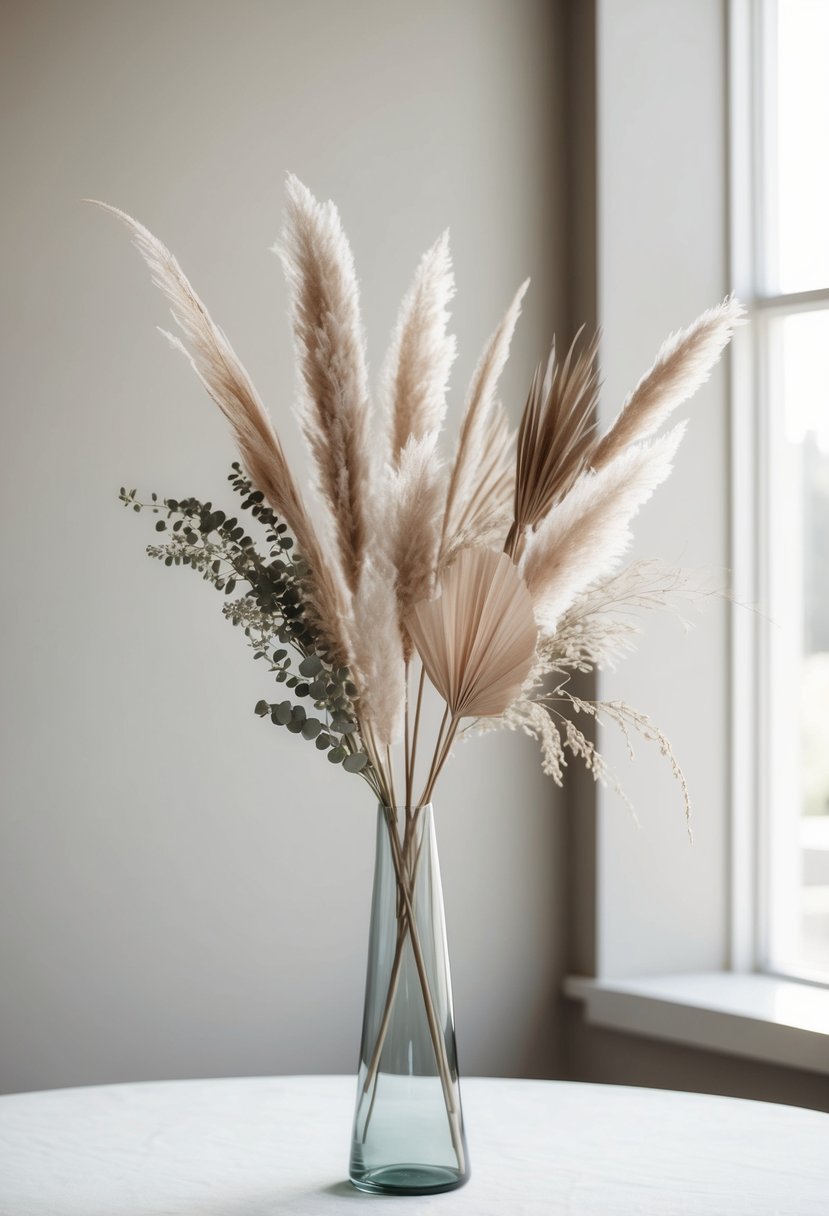 A tall, slender glass vase holds a delicate arrangement of dried pampas grass and neutral-toned foliage, creating a minimalist and elegant wedding bouquet